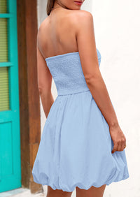Tube Top Casual Smocked A Line Sundress Trendy Strapless Bubble Short Mini Dresses