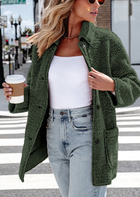 Long Sleeve Lapel Button Down Pockets Fleece Faux Fur Coats
