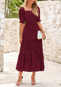 Casual Square Neck Short Sleeve Smocked A Line Floral Flowy Elegant Boho Midi Dresses
