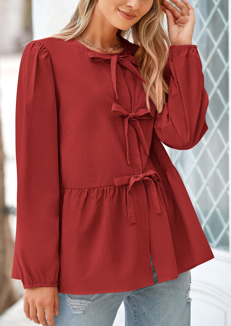 PRETTYGARDEN Women's Spring Fall Babydoll Peplum Blouse Shirt Puff Long Sleeve Bow Tie Front Trendy Cute Y2K Going Out Tops