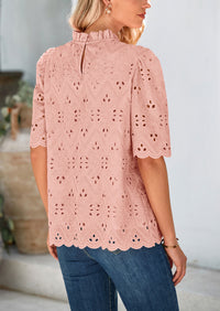 Short Sleeve Eyelet Embroidered Dressy Casual Blouse