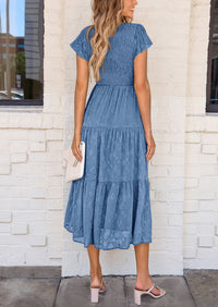 Floral  Summer Cap Sleeve Smocked Ruffle A Line Long Flowy Wedding Guest Midi Dresses