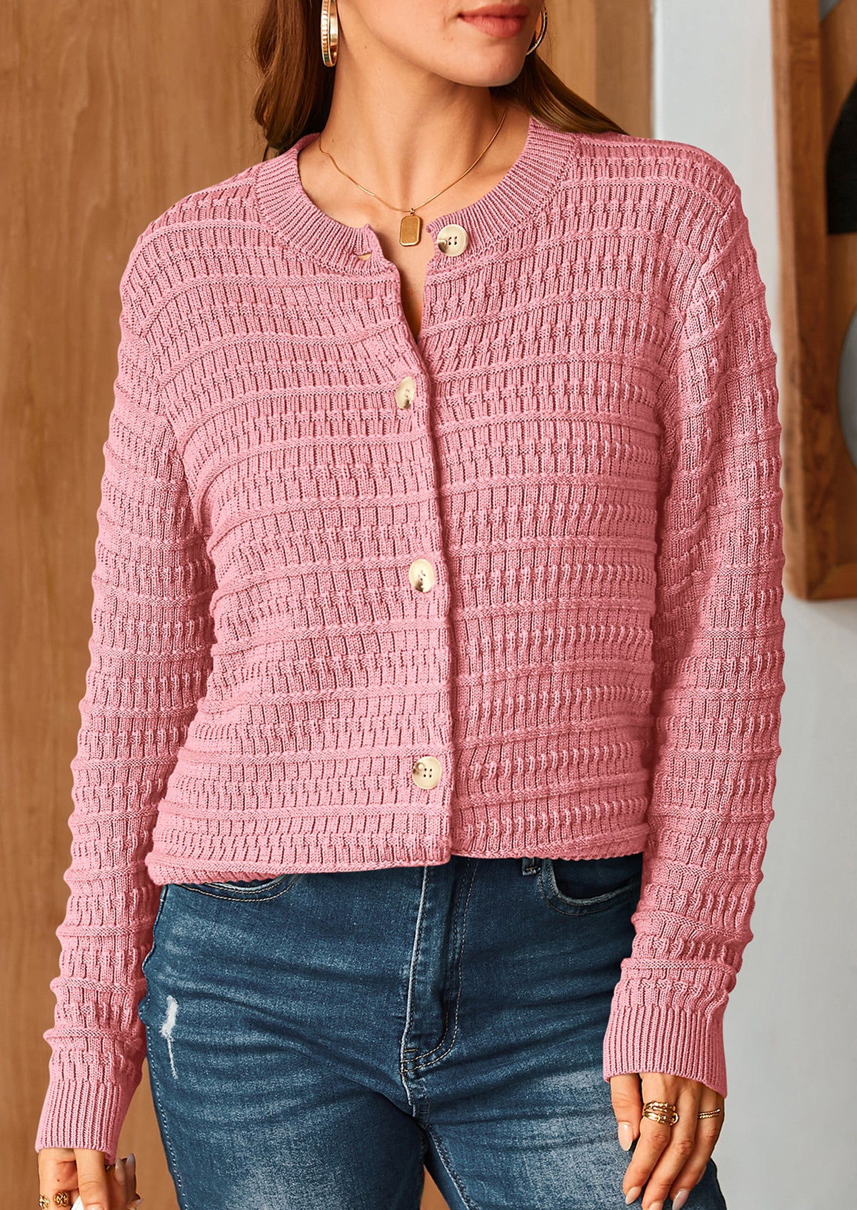 Knit Cardigan Long Sleeve Open Front Button Down Jacket