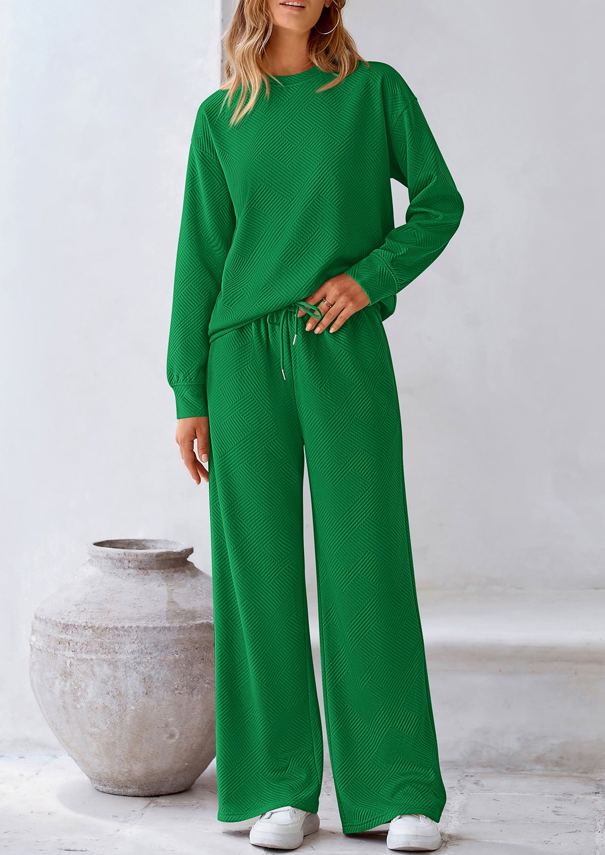 Casual Long Sleeve Pullover Tops and Wide Leg Pants Knitted Two Piece Sets