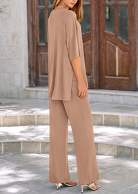 Short Sleeve Pullover Tops And Wide Leg Pants Two Piece Sets
