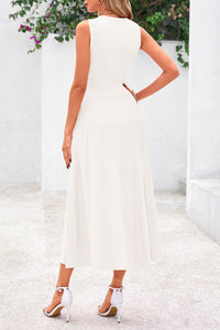 Sleeveless Crew Neck Knit A Line Pleated Swing Wedding Guest Casual Midi Dresses