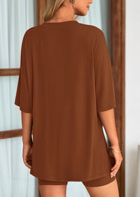 Casual Short Sleeved Round Neck Top Paired With Shorts Two-Piece Set