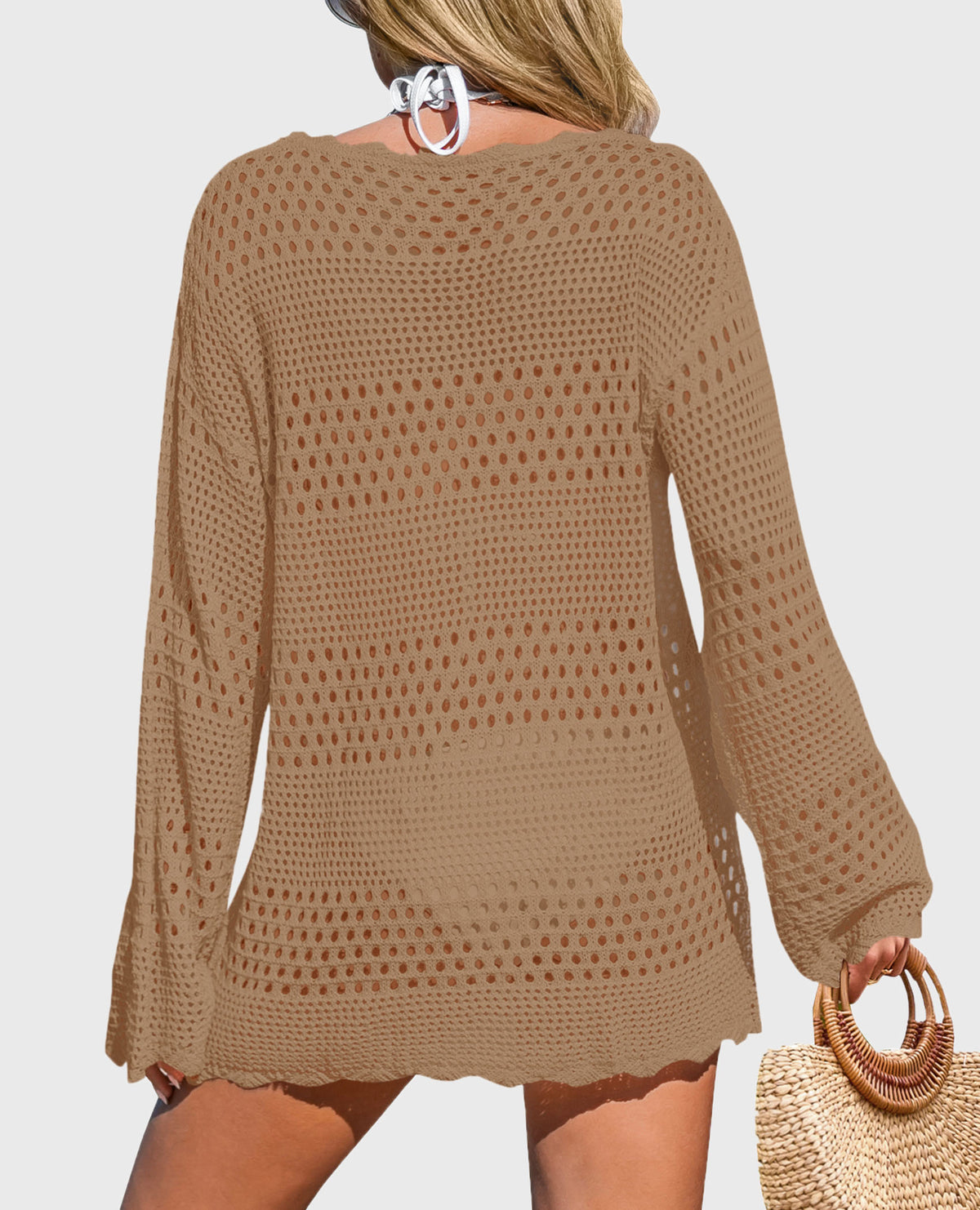 Long Sleeve Knit Crochet Bathing Beach Vacation Cover Up Dresses