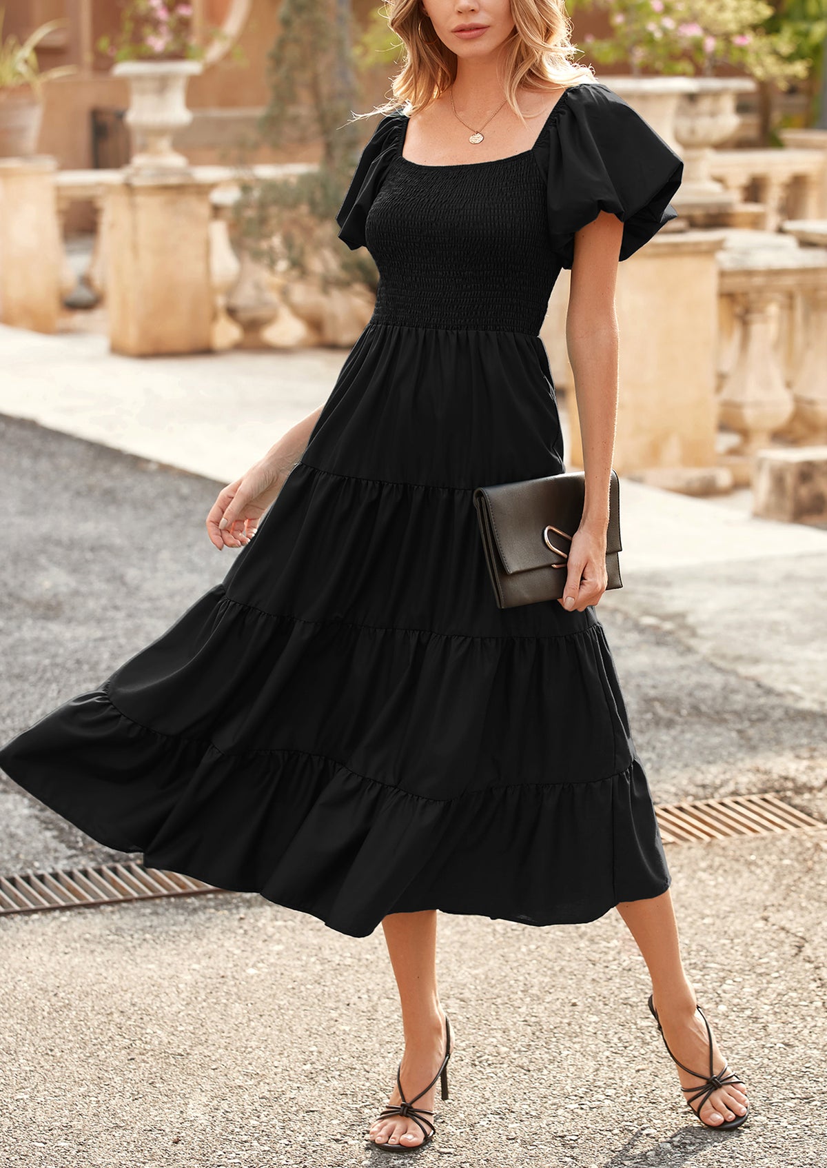 Casual Short Sleeved Square Neck Layered Pleated Dress