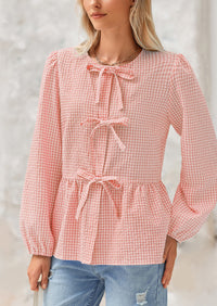Babydoll Peplum Puff Long Sleeve Bow Tie Front Cute Y2K Blouses