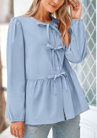 Babydoll Peplum Puff Long Sleeve Bow Tie Front Y2K Blouses