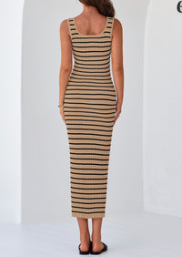 Casual Sleeveless Striped Ribbed Knit Beach Vacation Sundress Tank Midi Dress