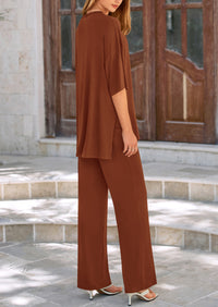 Short Sleeve Pullover Tops And Wide Leg Pants Two Piece Sets