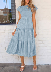 Floral  Summer Cap Sleeve Smocked Ruffle A Line Long Flowy Wedding Guest Midi Dresses