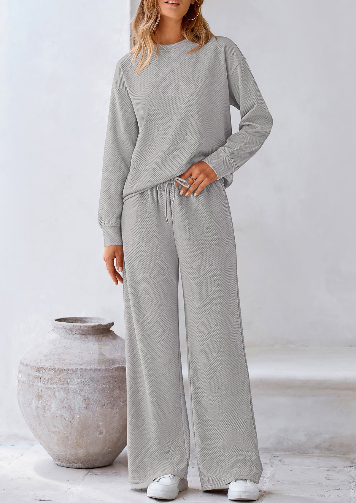 Casual Long Sleeve Pullover Tops and Wide Leg Pants Knitted Two Piece Sets