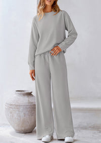 Casual Long Sleeve Pullover Tops and Wide Leg Pants Knitted Two Piece Sets