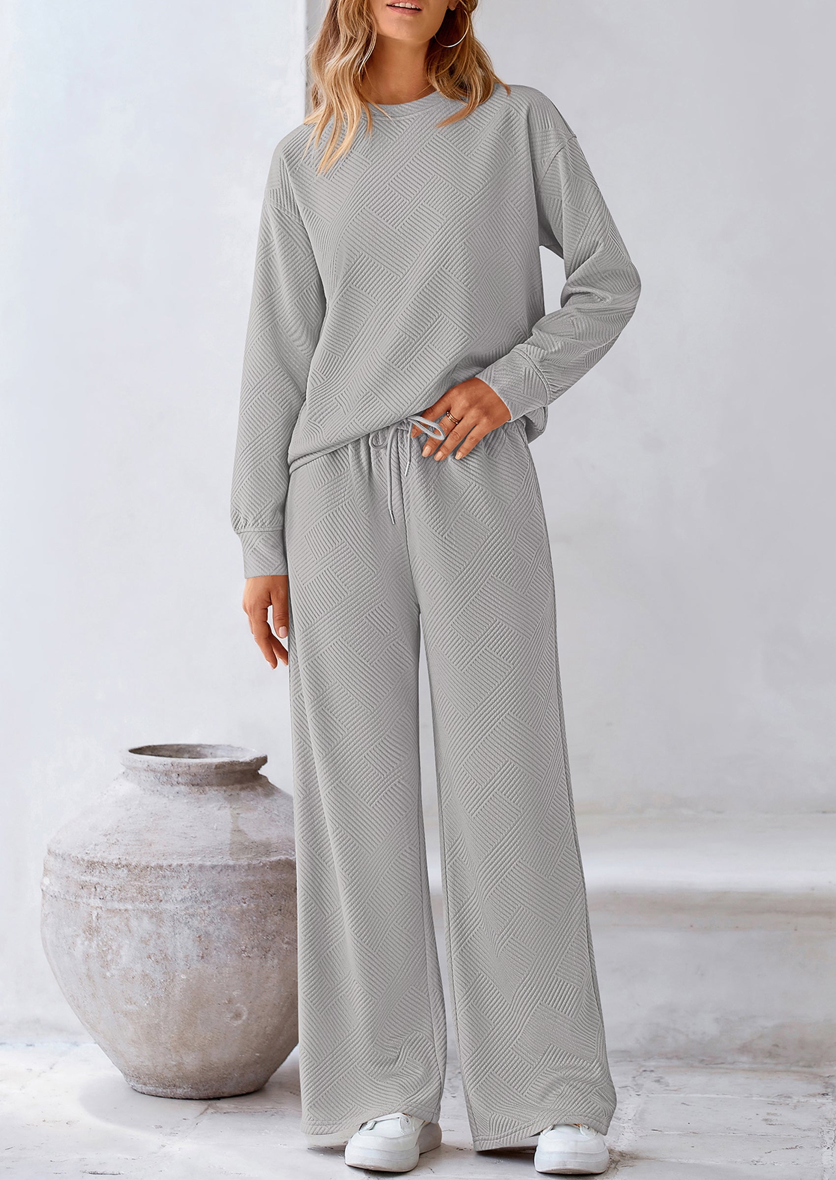 PRETTYGARDEN 2 Piece Long Sleeve Pullover Tops and Wide Leg Pants Knitted Lounge Sets