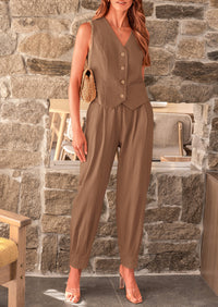 Cotton Deep V Neck Button Front Cropped Vest Pants With Pockets Two Piece Sets