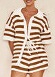 Casual Short Sleeve Striped Beach Vacation 2 Piece Shorts Sets