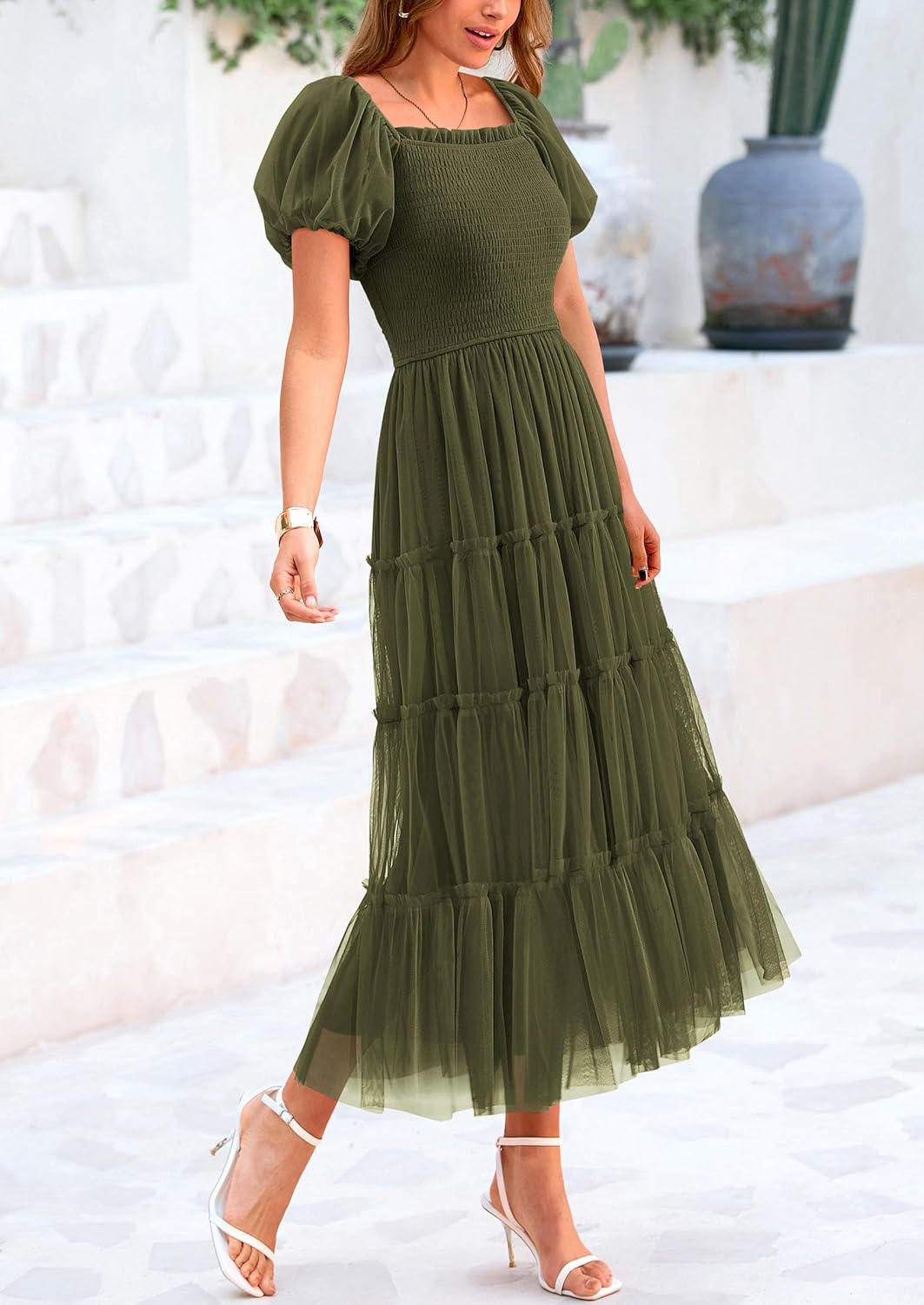 Smocked Tulle Puffy Short Sleeve Square Neck Ruffle Midi Dresses