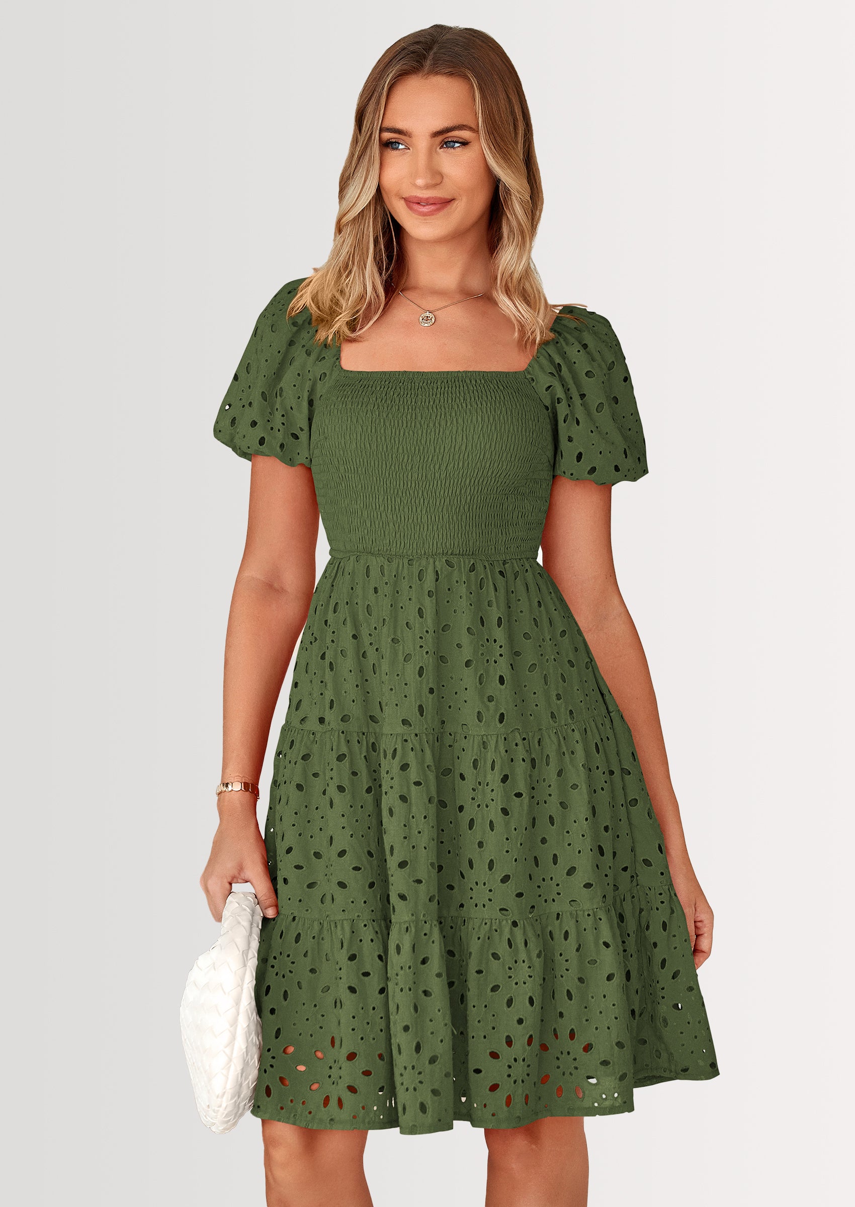 PRETTYGARDEN Womens Summer Puff Sleeve Mini Dress Off Shoulder Eyelet Smocked A Line Casual Babydoll Short Dresses
