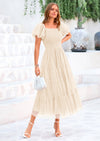 PRETTYGARDEN Women's Smocked Tulle Midi Dress Square Neck Puffy Short Sleeve Ruffle Wedding Guest Party Dresses