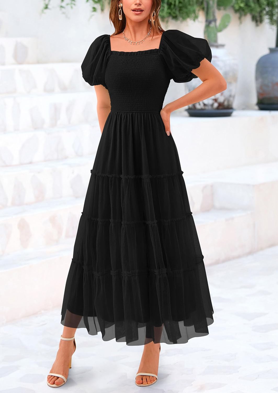 Smocked Tulle Puffy Short Sleeve Square Neck Ruffle Midi Dresses