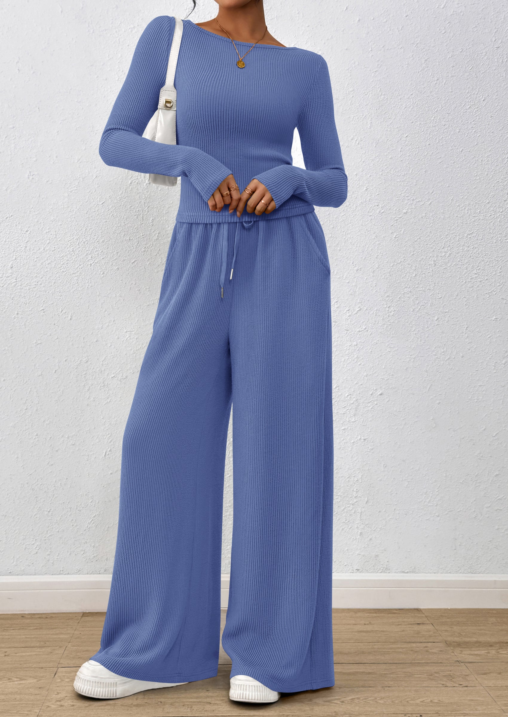 PRETTYGARDEN Women's 2 Piece Lounge Sets Fall Fashion Long Sleeve Crop Top Wide Leg Pants Matching Sets Clothing