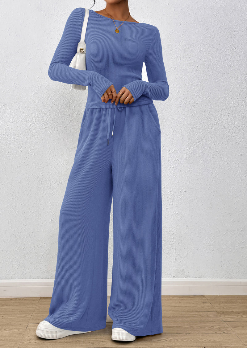 PRETTYGARDEN Women's 2 Piece Lounge Sets Fall Fashion Long Sleeve Crop Top Wide Leg Pants Matching Sets Clothing