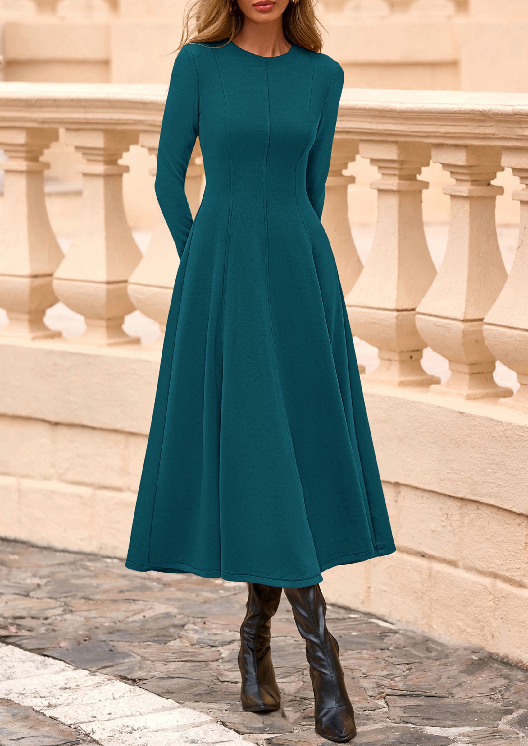 PRETTYGARDEN Women's Fall Long Sleeve Midi Dress Casual Elegant Ruffle