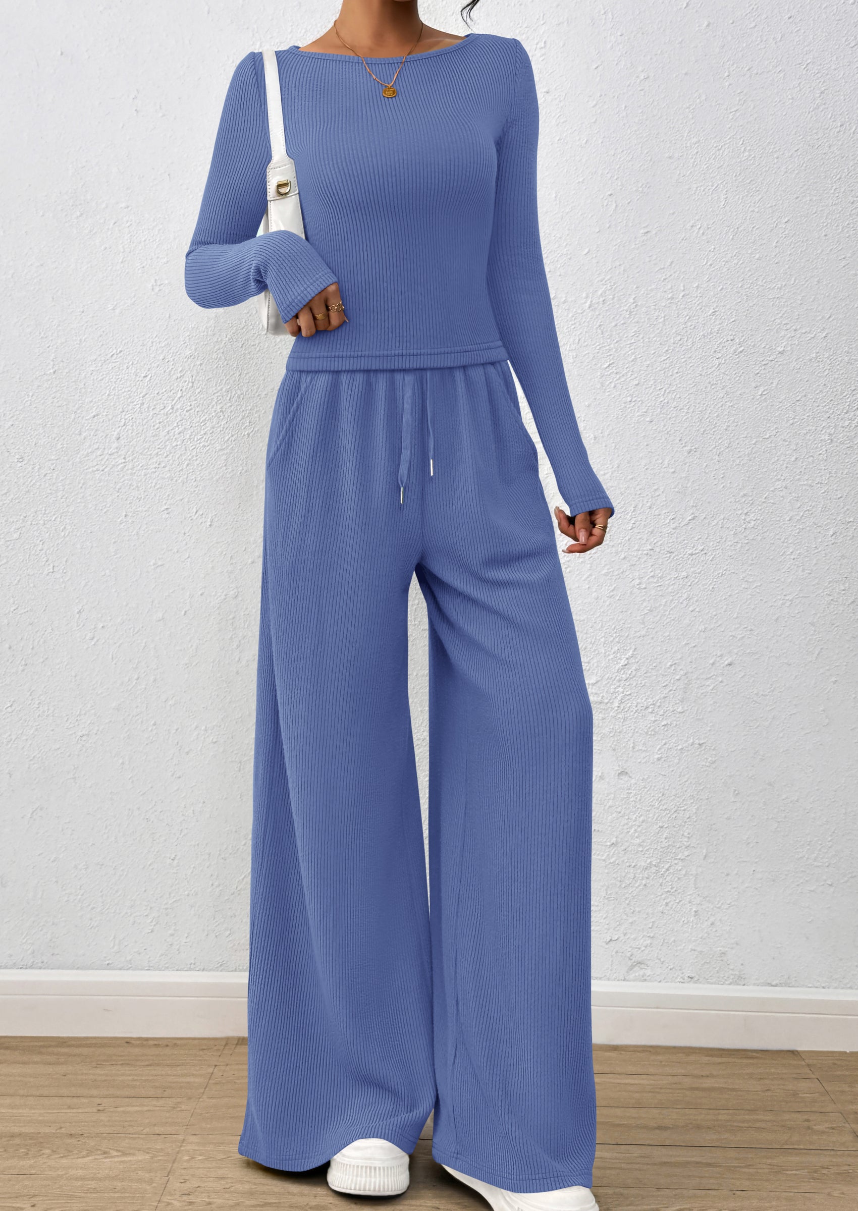 PRETTYGARDEN Women's 2 Piece Lounge Sets Fall Fashion Long Sleeve Crop Top Wide Leg Pants Matching Sets Clothing