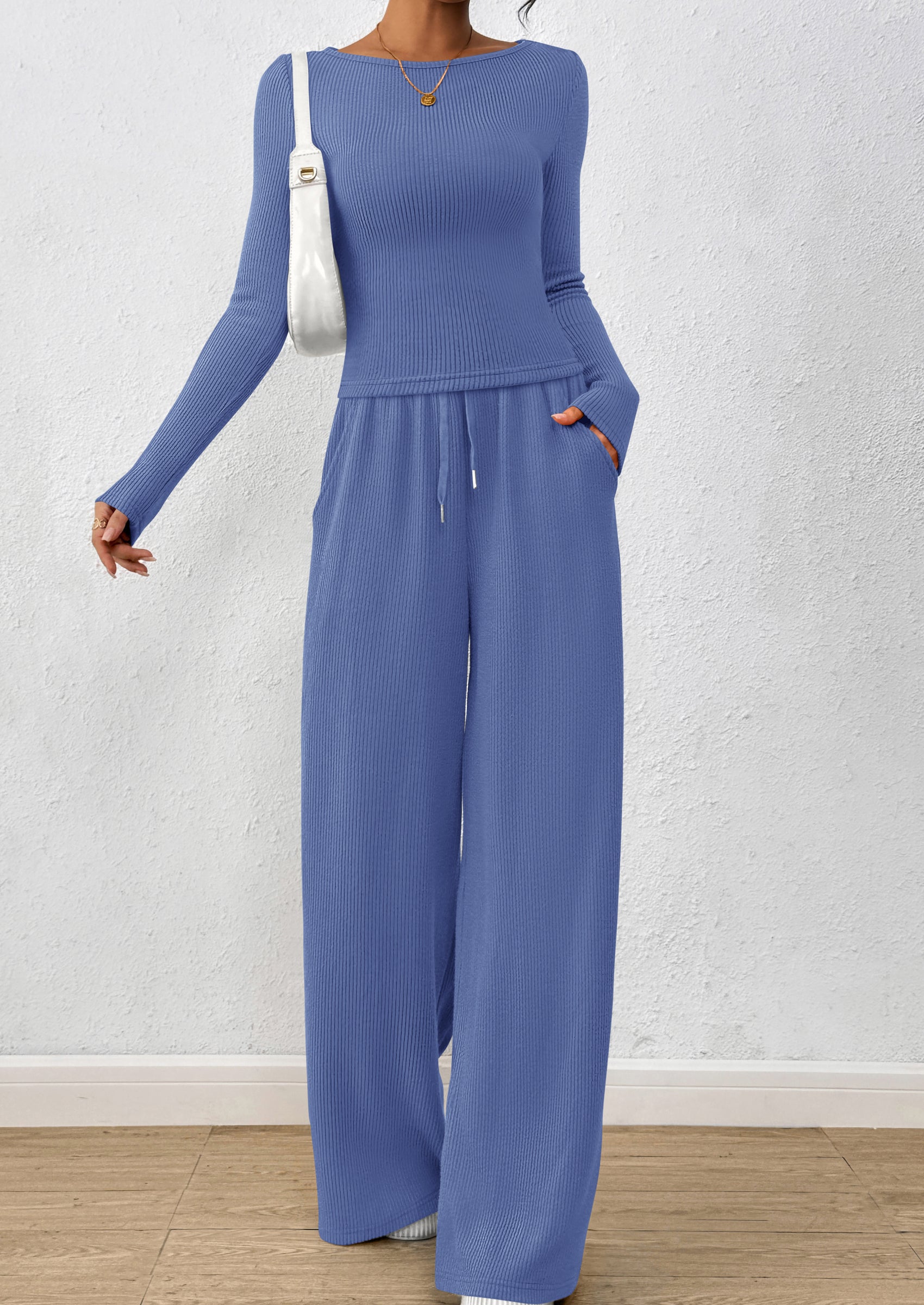 PRETTYGARDEN Women's 2 Piece Lounge Sets Fall Fashion Long Sleeve Crop Top Wide Leg Pants Matching Sets Clothing