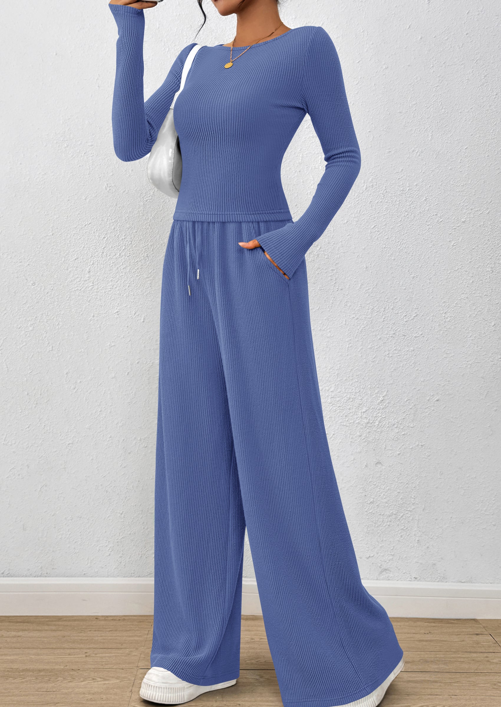 PRETTYGARDEN Women's 2 Piece Lounge Sets Fall Fashion Long Sleeve Crop Top Wide Leg Pants Matching Sets Clothing