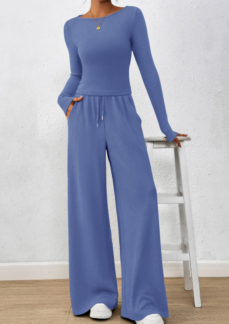 PRETTYGARDEN Women's 2 Piece Lounge Sets Fall Fashion Long Sleeve Crop Top Wide Leg Pants Matching Sets Clothing