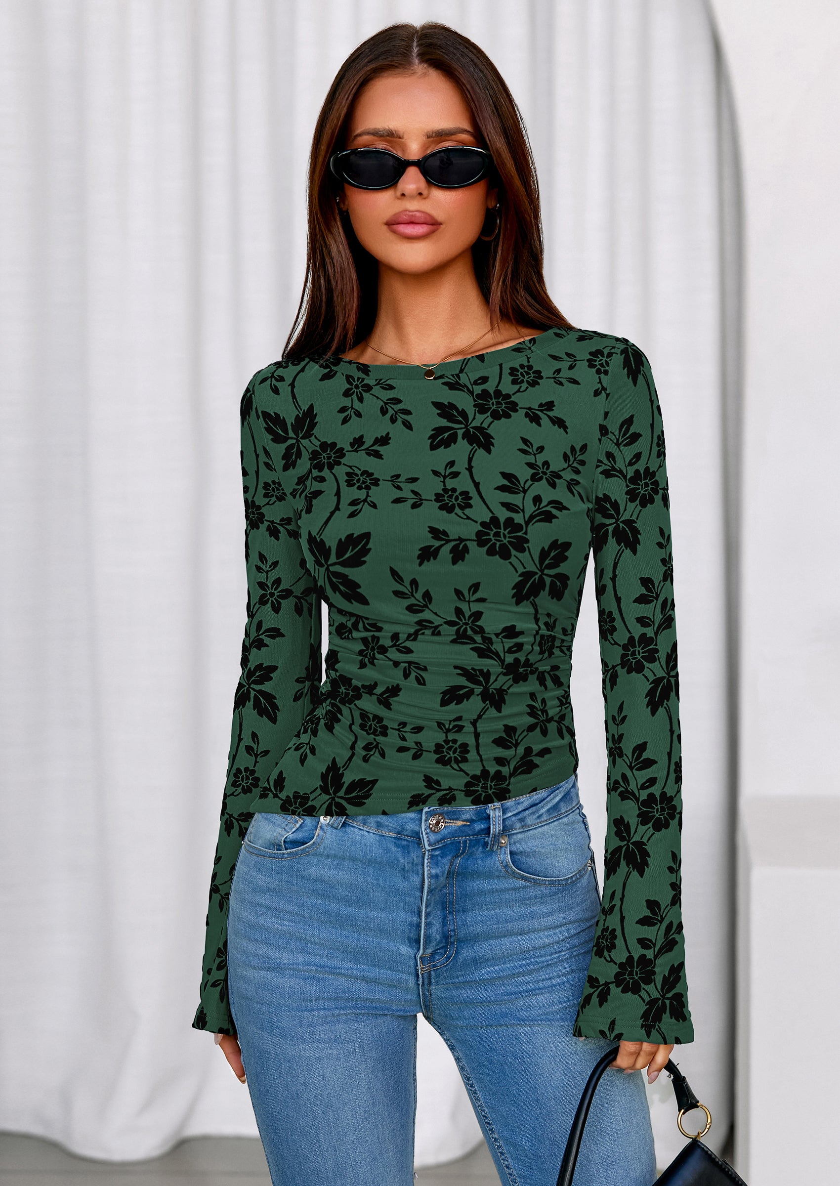 PRETTYGARDEN Women Long Sleeve Floral Mesh Tops Blouse  Fall Trendy Boat Neck Ruched Fitted Shirt Going Out Date Outfits