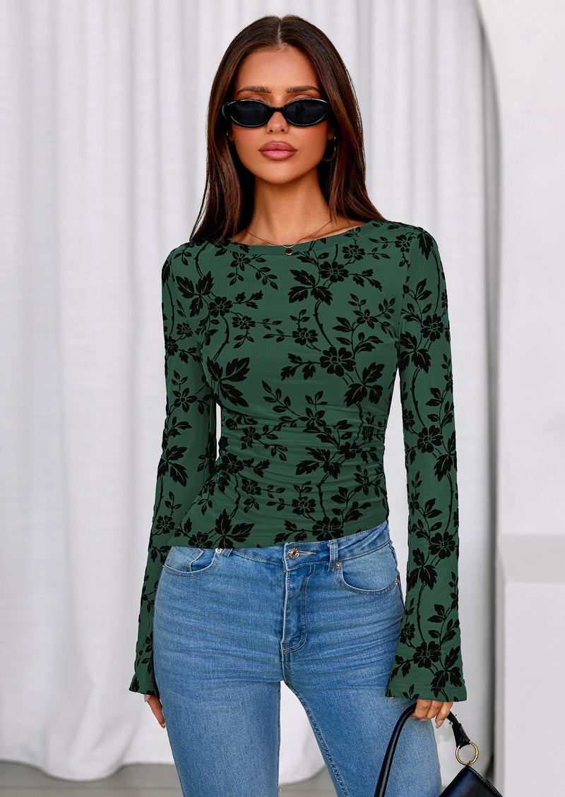PRETTYGARDEN Women Long Sleeve Floral Mesh Tops Blouse  Fall Trendy Boat Neck Ruched Fitted Shirt Going Out Date Outfits