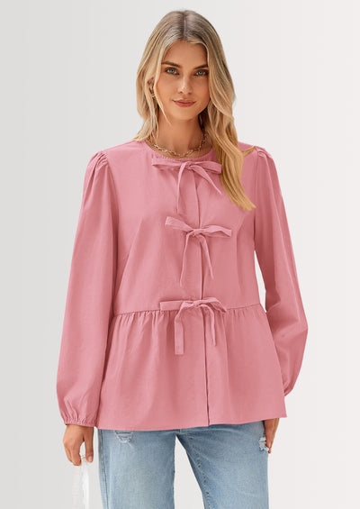 PRETTYGARDEN Women's Spring Fall Babydoll Peplum Blouse Shirt Puff Long Sleeve Bow Tie Front Trendy Cute Y2K Going Out Tops