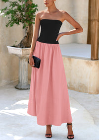 Strapless Patchwork Long Flowy Elegant Tube Top Maxi Dresses with Pockets