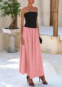 Strapless Patchwork Long Flowy Elegant Tube Top Maxi Dresses with Pockets