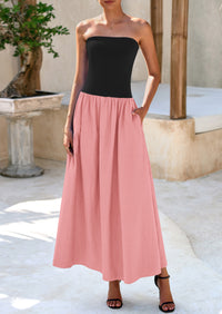 Strapless Patchwork Long Flowy Elegant Tube Top Maxi Dresses with Pockets