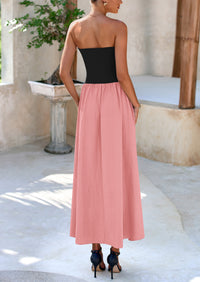 Strapless Patchwork Long Flowy Elegant Tube Top Maxi Dresses with Pockets