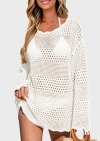 Long Sleeve Knit Crochet Bathing Beach Vacation Cover Up Dresses