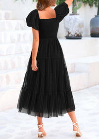 Smocked Tulle Puffy Short Sleeve Square Neck Ruffle Midi Dresses
