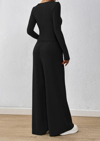 PRETTYGARDEN Women's 2 Piece Lounge Sets Fall Fashion Long Sleeve Crop Top Wide Leg Pants Matching Sets Clothing