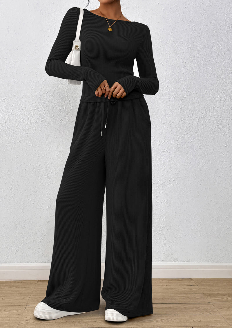 PRETTYGARDEN Women's 2 Piece Lounge Sets Fall Fashion Long Sleeve Crop Top Wide Leg Pants Matching Sets Clothing