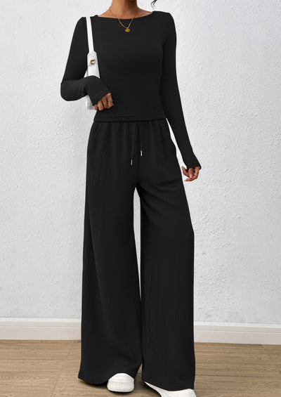 PRETTYGARDEN Women's 2 Piece Lounge Sets Fall Fashion Long Sleeve Crop Top Wide Leg Pants Matching Sets Clothing