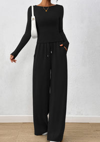 PRETTYGARDEN Women's 2 Piece Lounge Sets Fall Fashion Long Sleeve Crop Top Wide Leg Pants Matching Sets Clothing