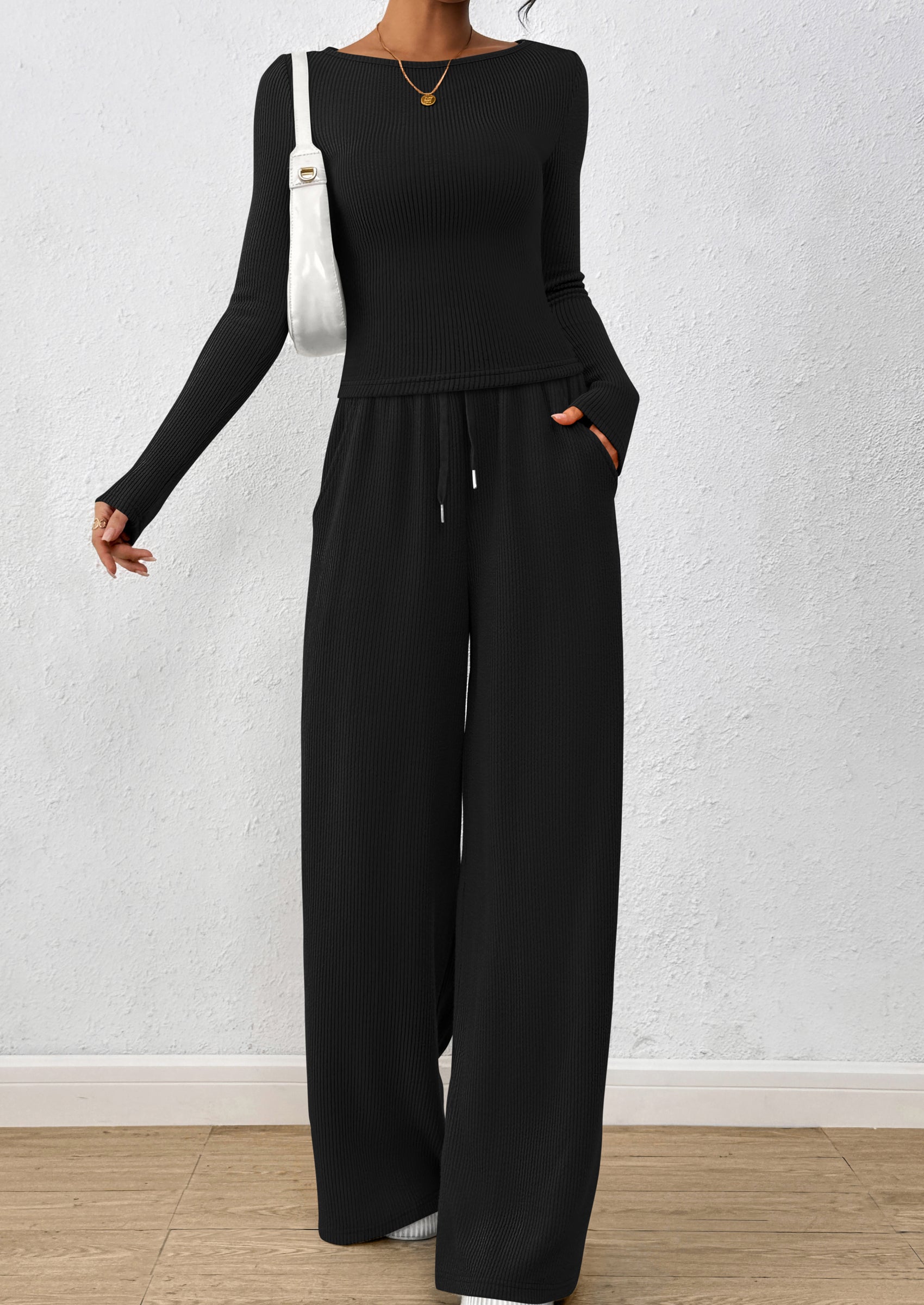 PRETTYGARDEN Women's 2 Piece Lounge Sets Fall Fashion Long Sleeve Crop Top Wide Leg Pants Matching Sets Clothing