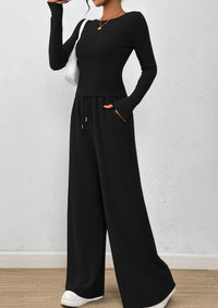PRETTYGARDEN Women's 2 Piece Lounge Sets Fall Fashion Long Sleeve Crop Top Wide Leg Pants Matching Sets Clothing