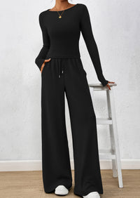 PRETTYGARDEN Women's 2 Piece Lounge Sets Fall Fashion Long Sleeve Crop Top Wide Leg Pants Matching Sets Clothing
